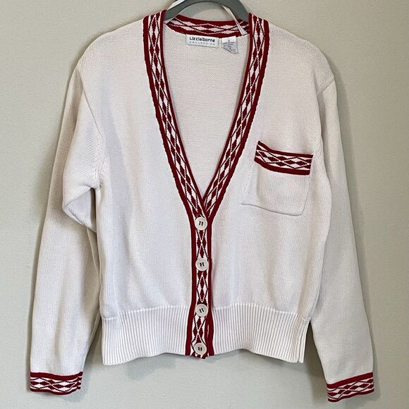 VTG Liz Claiborne Womens S Cardigan Knit Cream V-Neck Sweater Red Contrast Trim - Picture 1 of 10